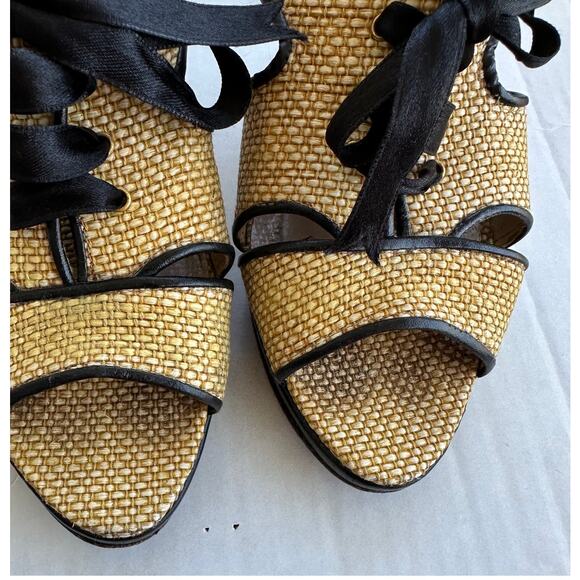 Ramon Tenza Spain Raffia Slingback Heels Peep Toe Black Trim Resort Wedding 7 - Picture 4 of 11